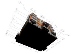 3D общий вид фундамента дома и координатные оси