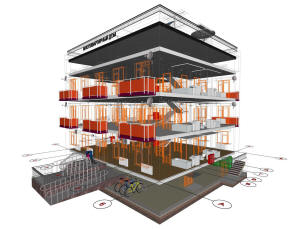 Каркас трехэтажного многоквартирного дома и координационные оси