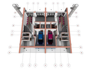 3D план 1 этажа трехэтажного жилого дома на 2 квартиры