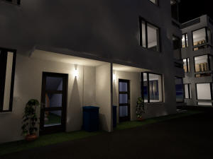 Ночной 3D вид застройки поселка трехэтажными квадрохаусами 