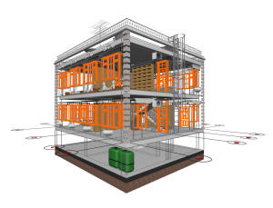 3D вид каркаса дома и координационные оси