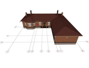 3D вид частного дома и координационные оси
