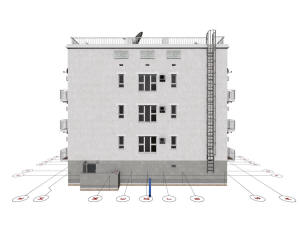 3D вид дома, фундамента и координационных осей