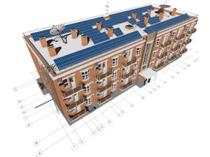 3D вид дома, фундамента и координационных осей