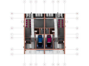 План 1 этажа трехэтажного жилого дома на 2 квартиры (параллельная проекция)