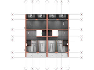 План 2 этажа трехэтажного жилого дома на 2 квартиры (параллельная проекция)