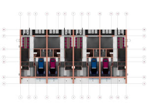 3D план 1 этажа двухэтажного таунхауса на 4 семьи