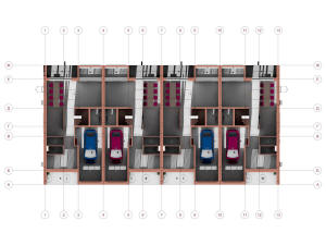 3D план 1 этажа двухэтажного таунхауса на 4 семьи