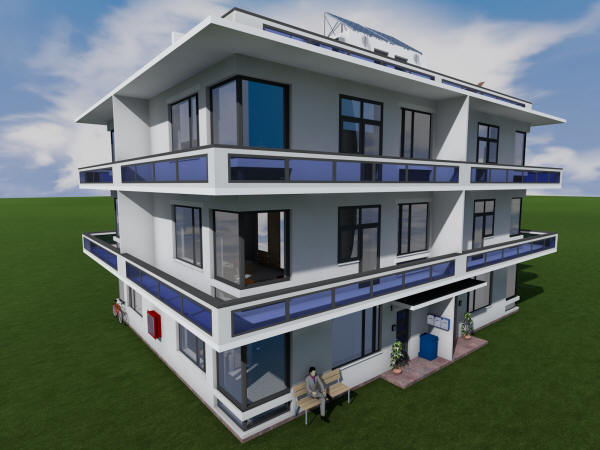 Проект трехэтажного квадрохауса с балконами
